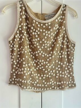 ADRIANNA PAPELL OCCASIONS 100% SILK FULLY LINED TAN BEADED EVENING  TOP, SZ 8P